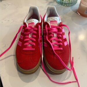 Adidas Red Sneakers with Pink Highlights